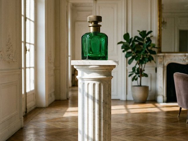 A single amber glass flacon on marble